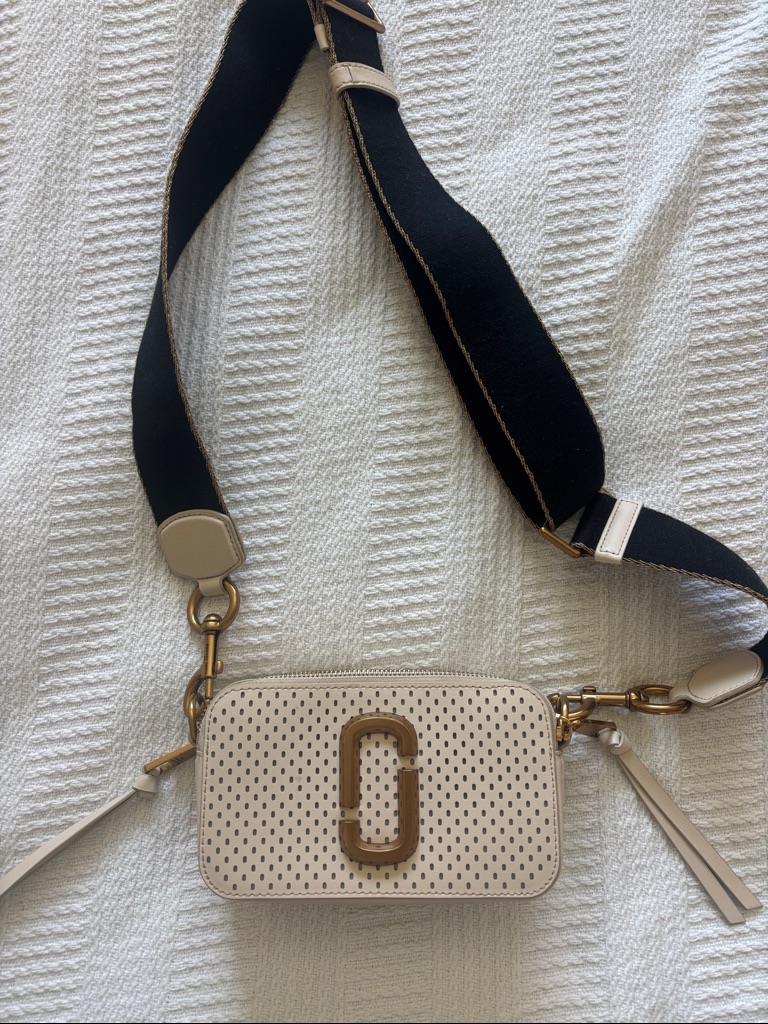 Marc Jacobs The Snapshot Perforated Snapshot Crossbody With Black Strap